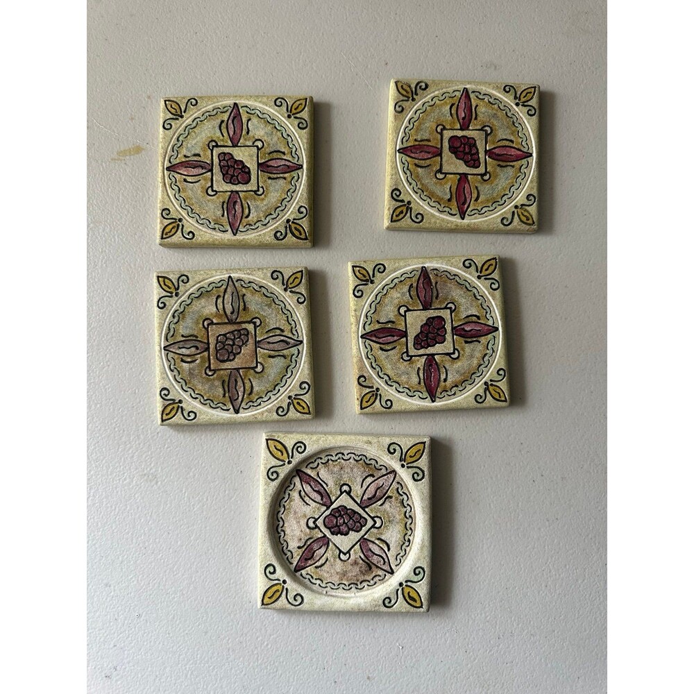 Set of 5 Vintage Winery Inspired Hand Painted Carved Grapes Motif Tile Coasters